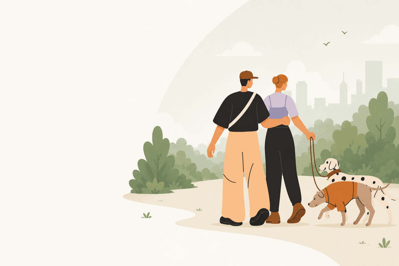 Dog walkers enjoying a calm walk with dogs